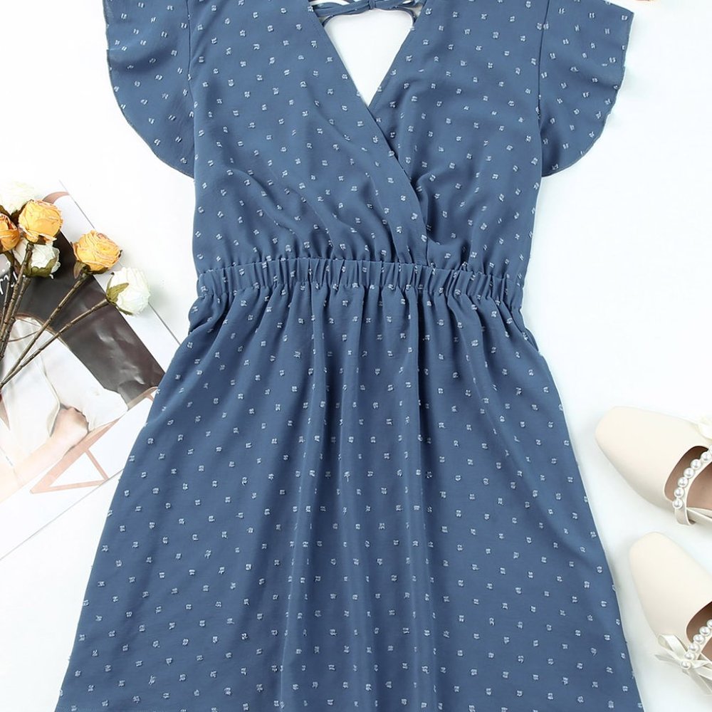 Sky Blue Swiss Dot V Neck Wrap Beach Dress - Picture 8 of 16